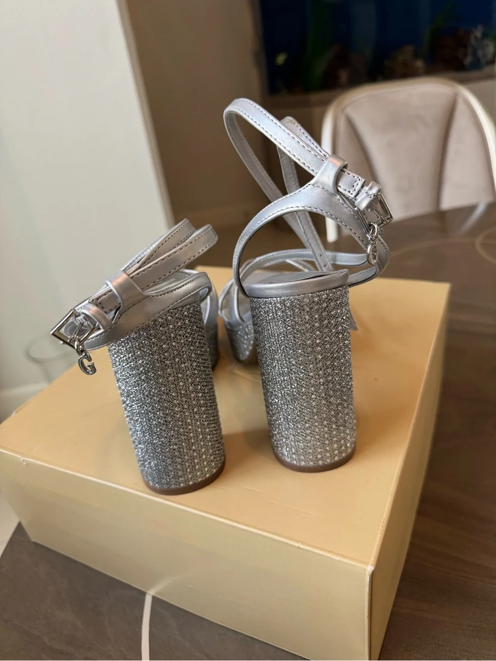 Guess Silver Metallic Strappy Platform Sandals